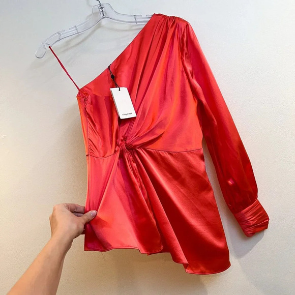 Cinq a Sept 100% Silk Satin Pink Coral One Shoulder Designer Formal Blouse S NWT - Picture 4 of 11